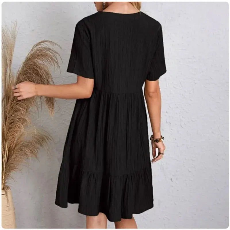 Women's Peplum Dress Spring V-Neck Short Sleeve Loose Waist Ruffle Fit Flare Vocation Dress