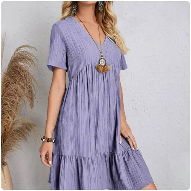 Women's Peplum Dress Spring V-Neck Short Sleeve Loose Waist Ruffle Fit Flare Vocation Dress