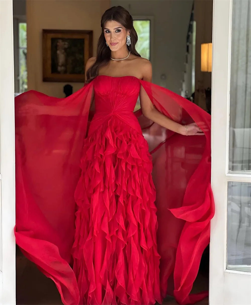 Sansa Strapless A-Line Lace Prom Dress Detachable Shawl Customized Party Dress Floor-Length Zip Evening Dresses