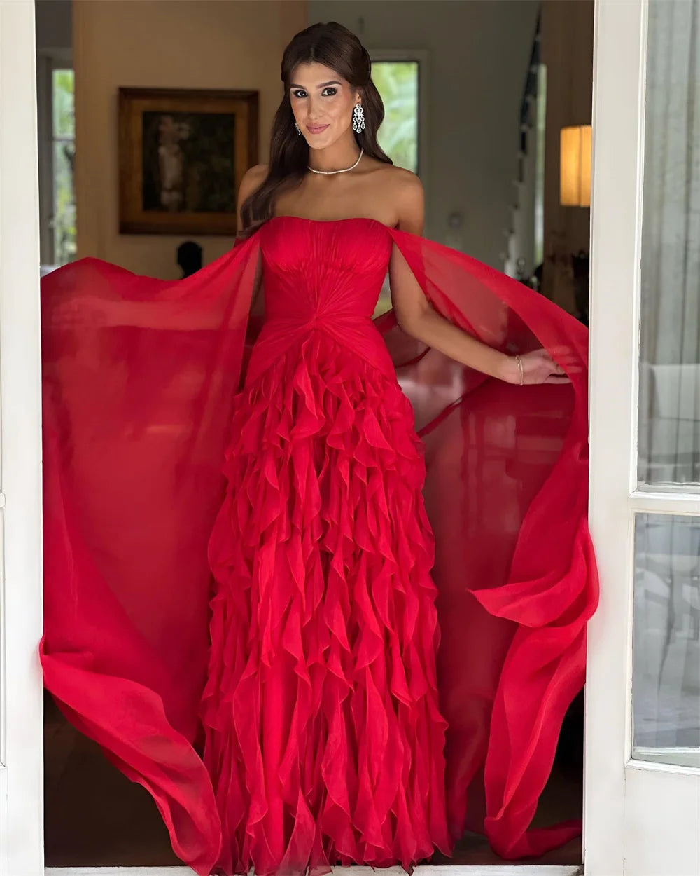 Sansa Strapless A-Line Lace Prom Dress Detachable Shawl Customized Party Dress Floor-Length Zip Evening Dresses