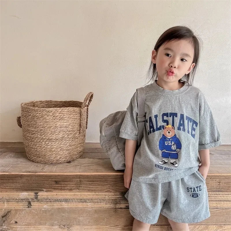 Girls Clothing Set Cartoon Bear T-Shirt and Shorts Suit Kid Casual Top Bottom Clothing Tracksuit