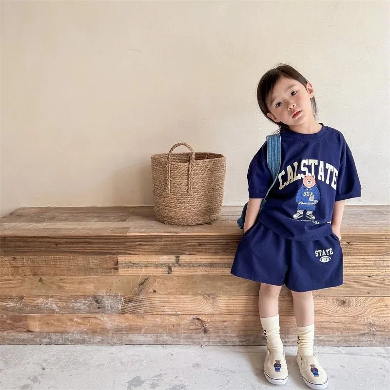 Girls Clothing Set Cartoon Bear T-Shirt and Shorts Suit Kid Casual Top Bottom Clothing Tracksuit