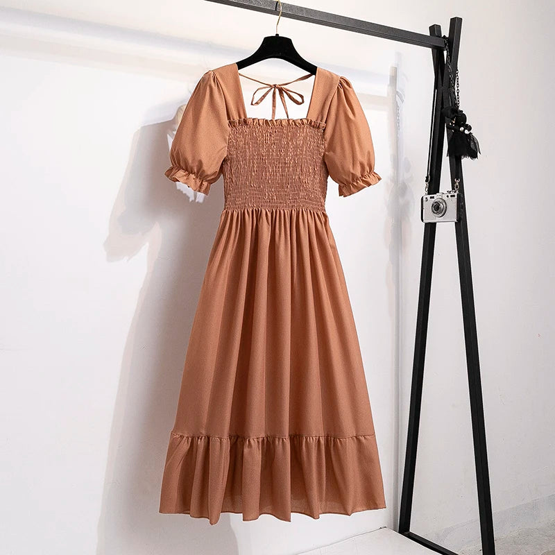 Chiffon Dress Fashion Women Elastic Waist Short Sleeve Pleated Casual Dress Women A-Line Dress Vestidos