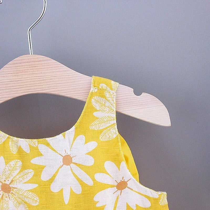 Girls' Floral Printed Little Fresh Daily Sweet Princess Dress with Bow