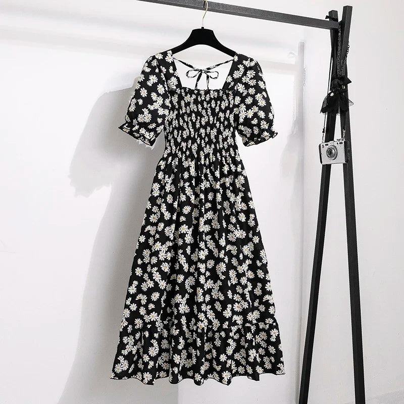 Chiffon Dress Fashion Women Elastic Waist Short Sleeve Pleated Casual Dress Women A-Line Dress Vestidos