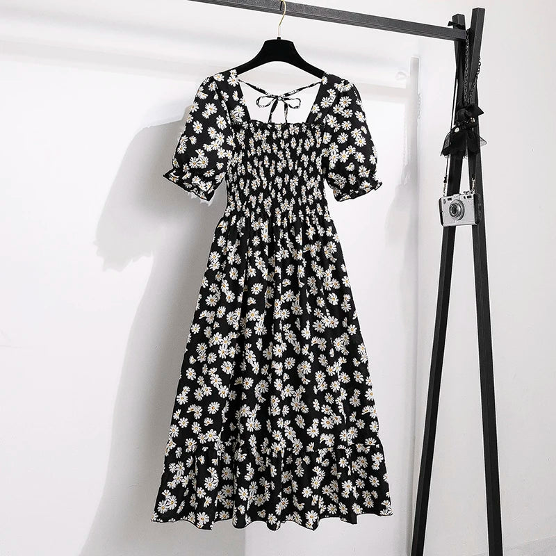 Chiffon Dress Fashion Women Elastic Waist Short Sleeve Pleated Casual Dress Women A-Line Dress Vestidos