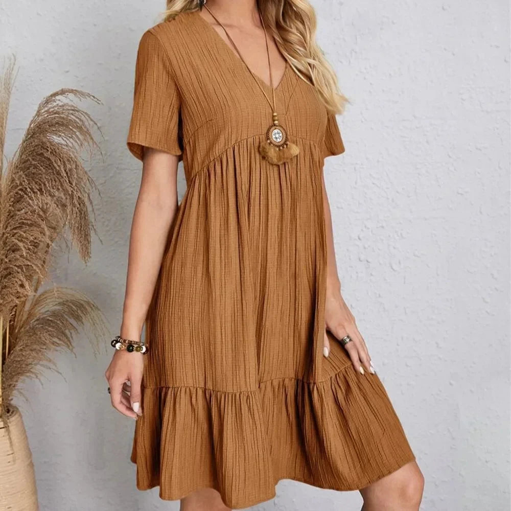 Women's Peplum Dress Spring V-Neck Short Sleeve Loose Waist Ruffle Fit Flare Vocation Dress