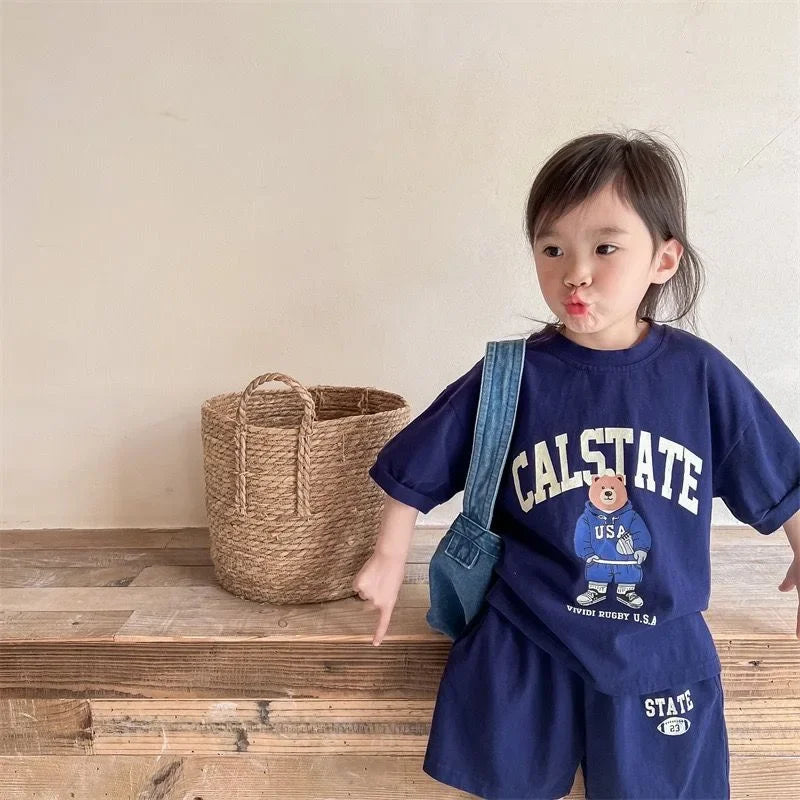 Girls Clothing Set Cartoon Bear T-Shirt and Shorts Suit Kid Casual Top Bottom Clothing Tracksuit