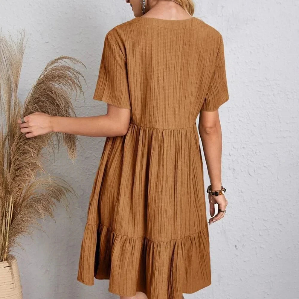 Women's Peplum Dress Spring V-Neck Short Sleeve Loose Waist Ruffle Fit Flare Vocation Dress