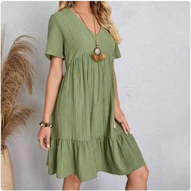 Women's Peplum Dress Spring V-Neck Short Sleeve Loose Waist Ruffle Fit Flare Vocation Dress