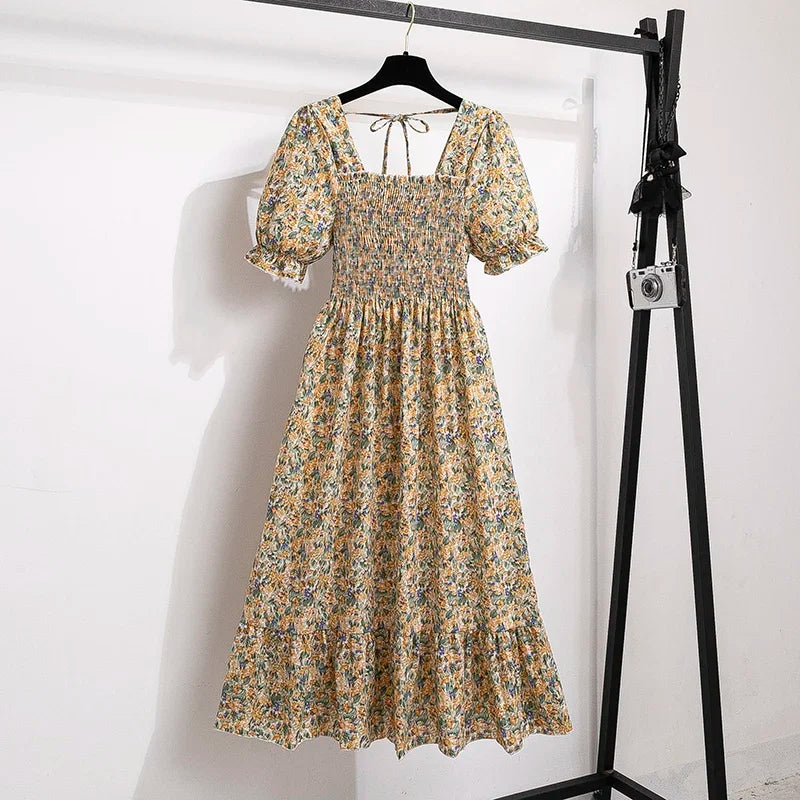 Chiffon Dress Fashion Women Elastic Waist Short Sleeve Pleated Casual Dress Women A-Line Dress Vestidos