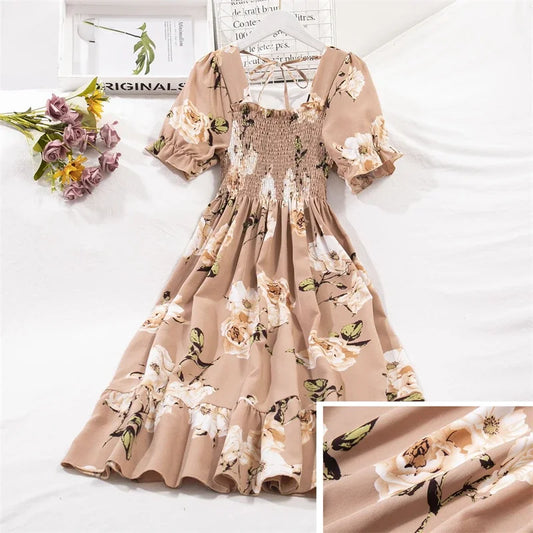 Chiffon Dress Fashion Women Elastic Waist Short Sleeve Pleated Casual Dress Women A-Line Dress Vestidos