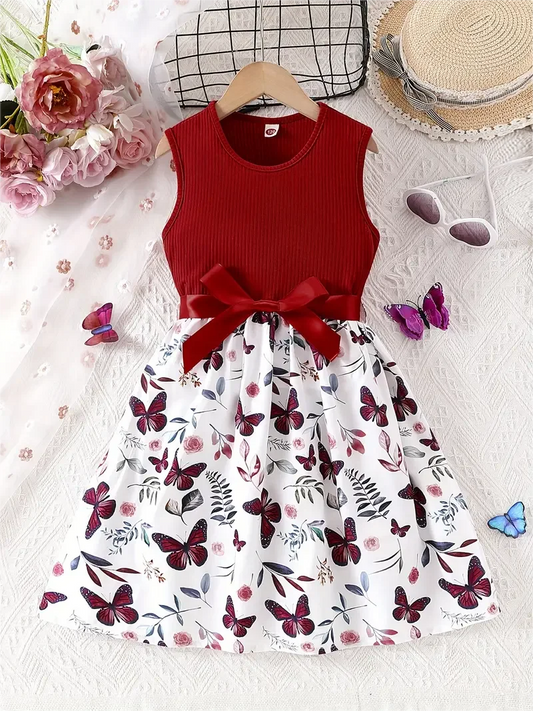 Girl's sweet butterfly print stitched sleeveless dress, with bow belt, outing, dress