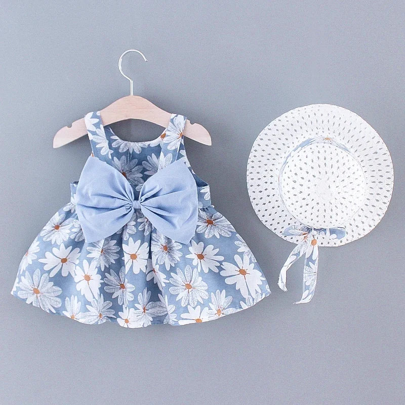 Girls' Floral Printed Little Fresh Daily Sweet Princess Dress with Bow