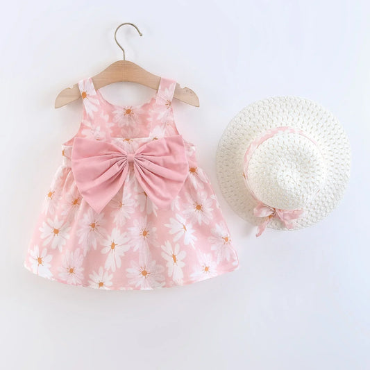 Girls' Floral Printed Little Fresh Daily Sweet Princess Dress with Bow