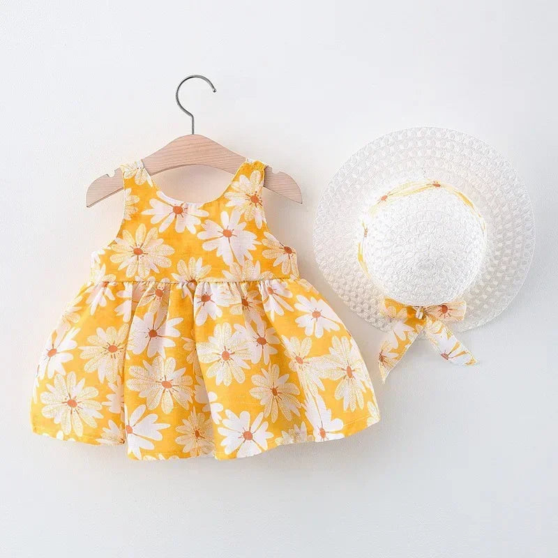 Girls' Floral Printed Little Fresh Daily Sweet Princess Dress with Bow