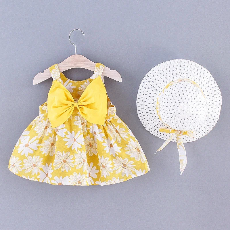 Girls' Floral Printed Little Fresh Daily Sweet Princess Dress with Bow