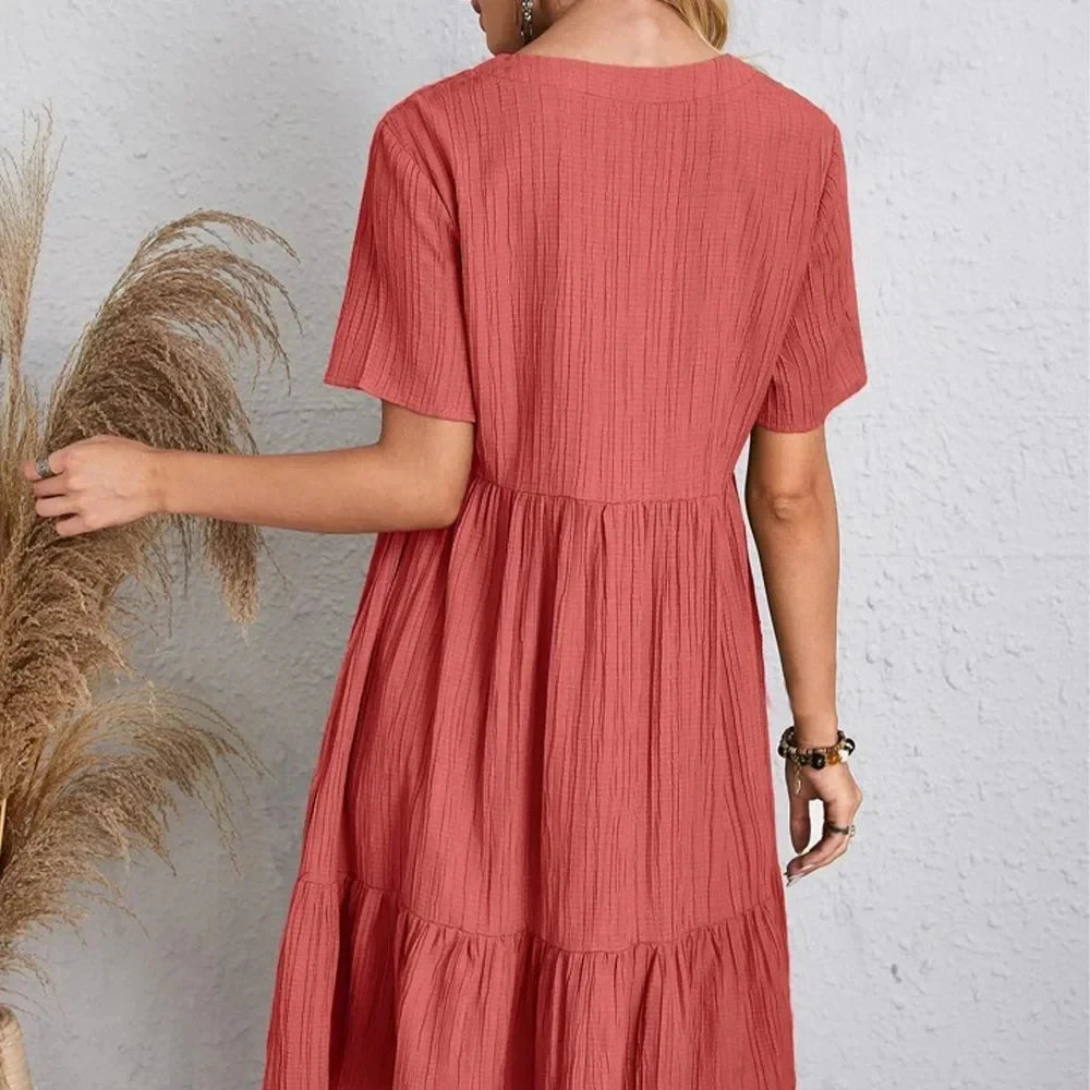 Women's Peplum Dress Spring V-Neck Short Sleeve Loose Waist Ruffle Fit Flare Vocation Dress