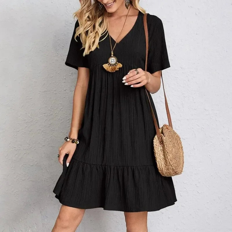 Women's Peplum Dress Spring V-Neck Short Sleeve Loose Waist Ruffle Fit Flare Vocation Dress