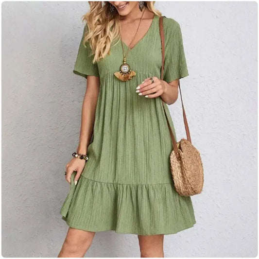 Women's Peplum Dress Spring V-Neck Short Sleeve Loose Waist Ruffle Fit Flare Vocation Dress