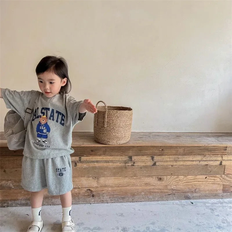 Girls Clothing Set Cartoon Bear T-Shirt and Shorts Suit Kid Casual Top Bottom Clothing Tracksuit