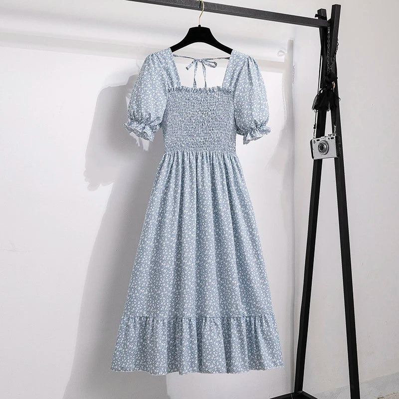Chiffon Dress Fashion Women Elastic Waist Short Sleeve Pleated Casual Dress Women A-Line Dress Vestidos
