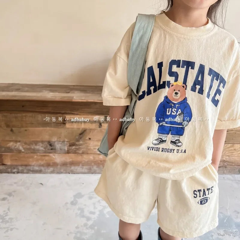 Girls Clothing Set Cartoon Bear T-Shirt and Shorts Suit Kid Casual Top Bottom Clothing Tracksuit