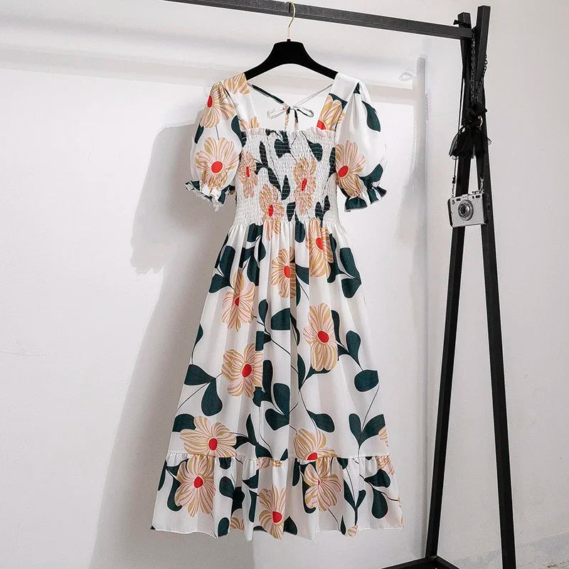 Chiffon Dress Fashion Women Elastic Waist Short Sleeve Pleated Casual Dress Women A-Line Dress Vestidos