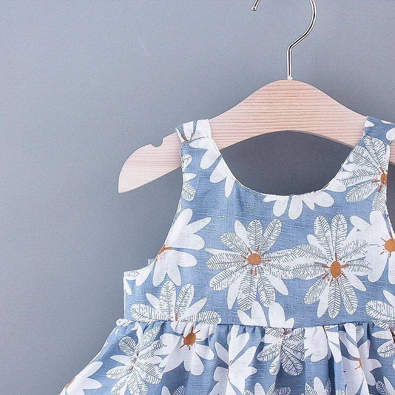 Girls' Floral Printed Little Fresh Daily Sweet Princess Dress with Bow