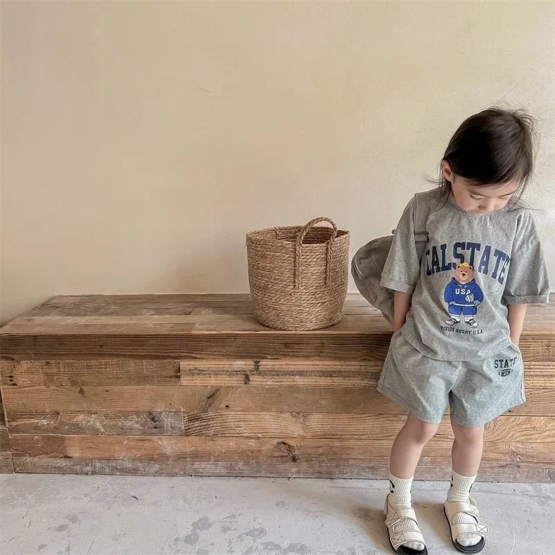Girls Clothing Set Cartoon Bear T-Shirt and Shorts Suit Kid Casual Top Bottom Clothing Tracksuit