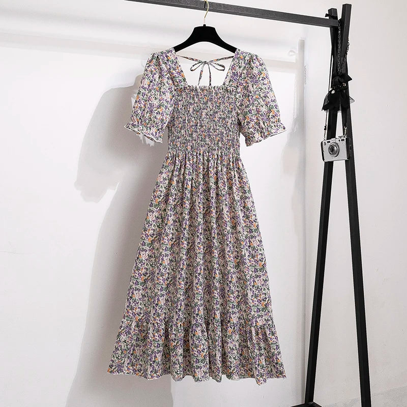 Chiffon Dress Fashion Women Elastic Waist Short Sleeve Pleated Casual Dress Women A-Line Dress Vestidos