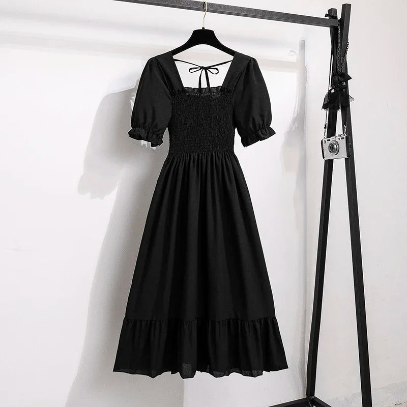 Chiffon Dress Fashion Women Elastic Waist Short Sleeve Pleated Casual Dress Women A-Line Dress Vestidos