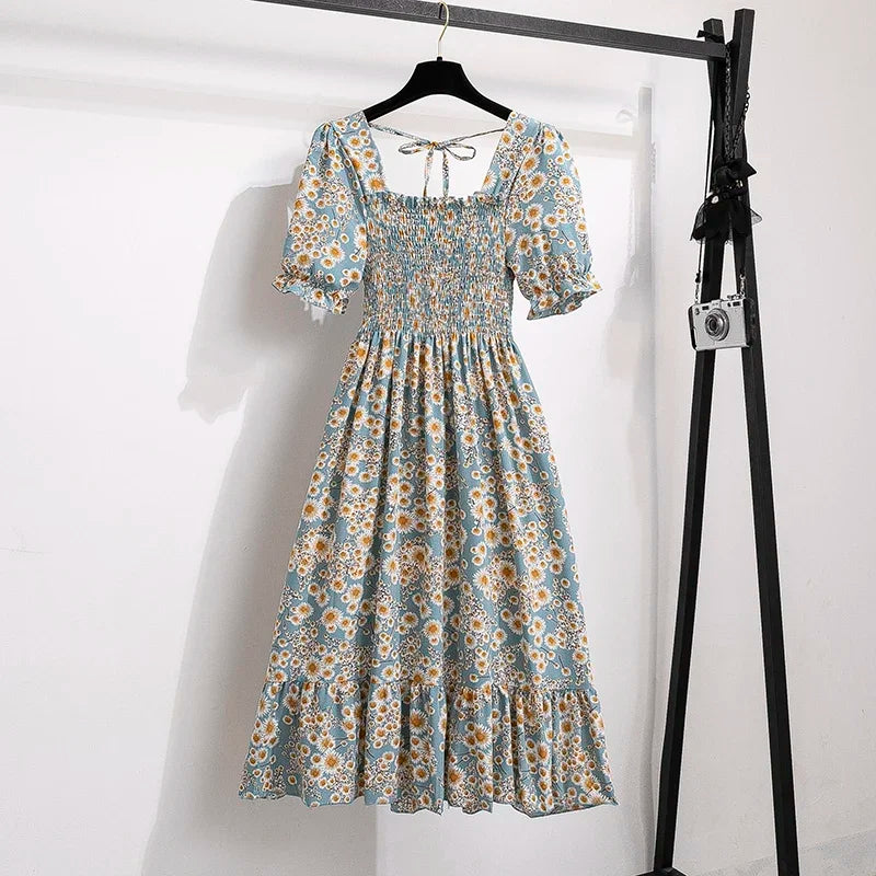Chiffon Dress Fashion Women Elastic Waist Short Sleeve Pleated Casual Dress Women A-Line Dress Vestidos