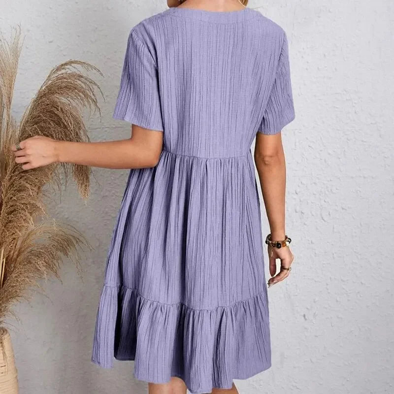 Women's Peplum Dress Spring V-Neck Short Sleeve Loose Waist Ruffle Fit Flare Vocation Dress