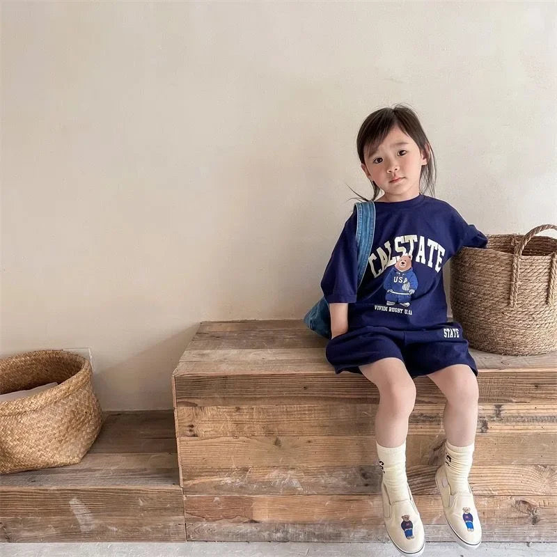 Girls Clothing Set Cartoon Bear T-Shirt and Shorts Suit Kid Casual Top Bottom Clothing Tracksuit