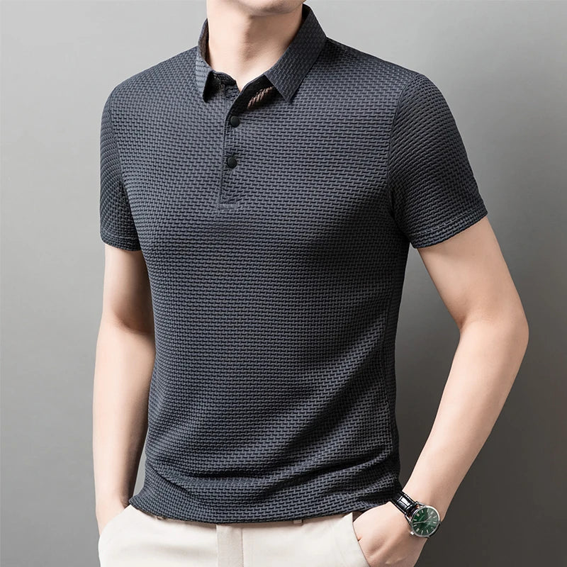 Men's Casual Short Sleeve Bone Floral Solid Color Polo Shirt Fashionable Breathable Comfortable