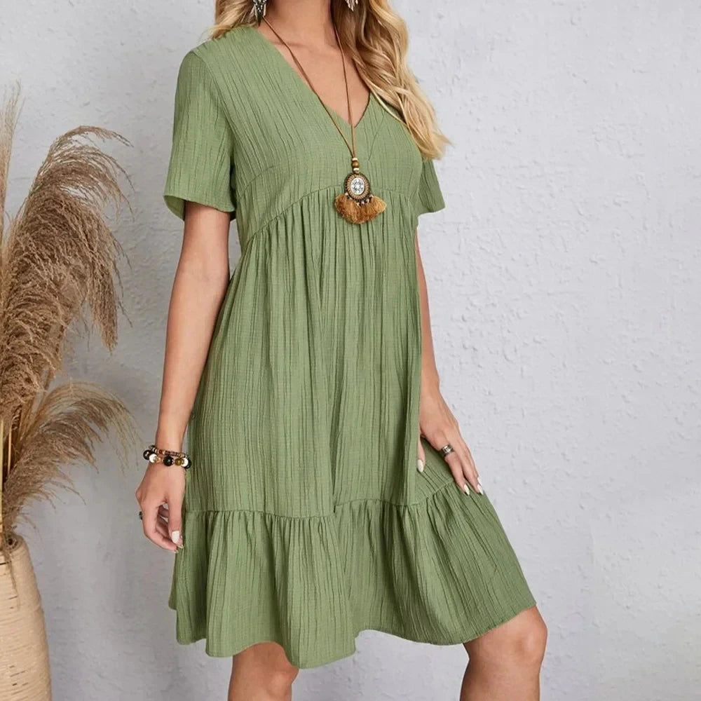 Women's Peplum Dress Spring V-Neck Short Sleeve Loose Waist Ruffle Fit Flare Vocation Dress