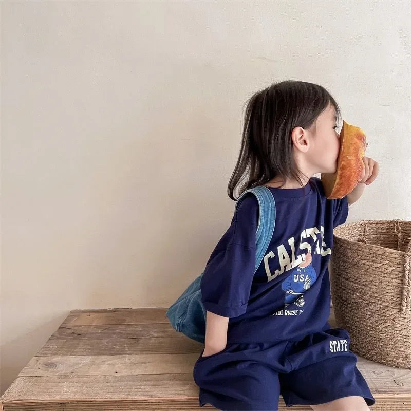 Girls Clothing Set Cartoon Bear T-Shirt and Shorts Suit Kid Casual Top Bottom Clothing Tracksuit