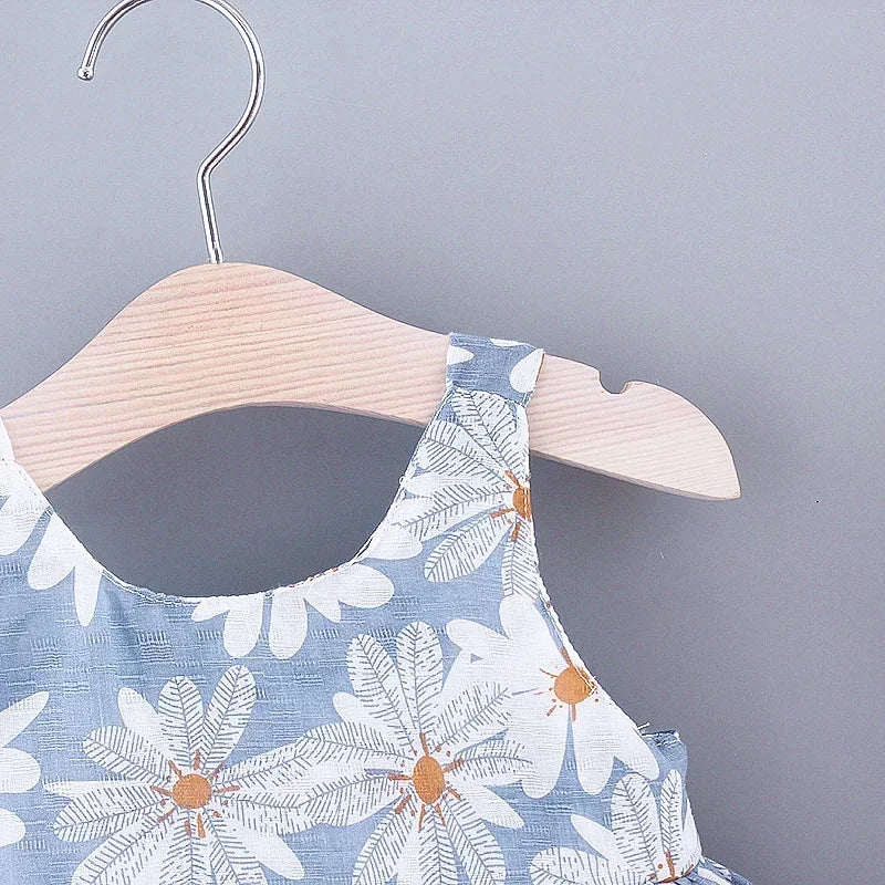 Girls' Floral Printed Little Fresh Daily Sweet Princess Dress with Bow