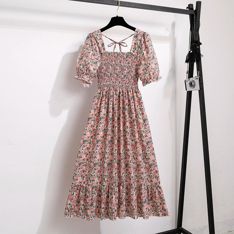 Chiffon Dress Fashion Women Elastic Waist Short Sleeve Pleated Casual Dress Women A-Line Dress Vestidos
