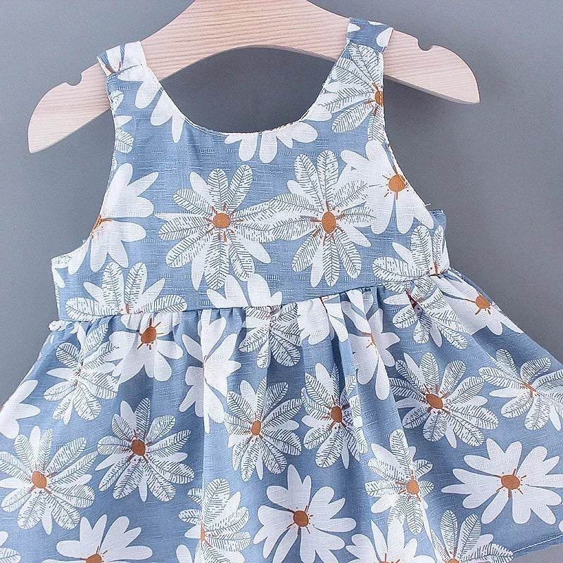 Girls' Floral Printed Little Fresh Daily Sweet Princess Dress with Bow