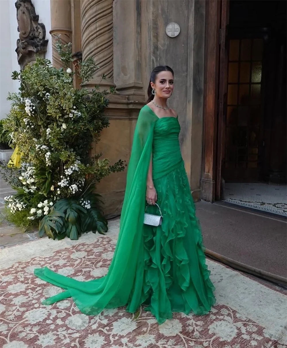 Sansa Strapless A-Line Lace Prom Dress Detachable Shawl  Customized Party Dress Floor-Length Zip Evening Dresses