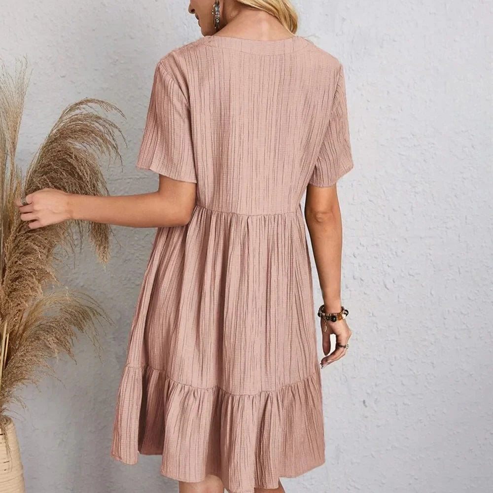 Women's Peplum Dress Spring V-Neck Short Sleeve Loose Waist Ruffle Fit Flare Vocation Dress