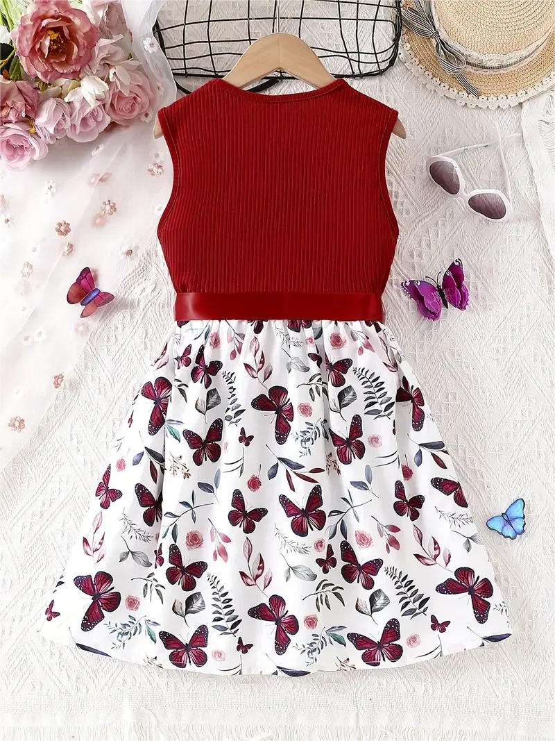 Girl's sweet butterfly print stitched sleeveless dress, with bow belt, outing, dress