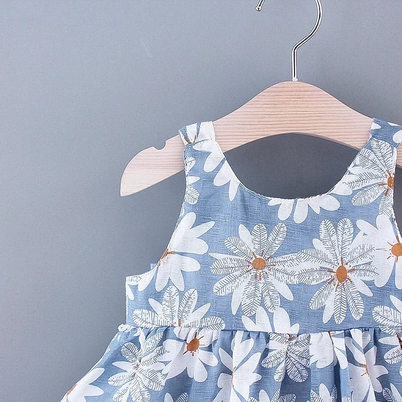 Girls' Floral Printed Little Fresh Daily Sweet Princess Dress with Bow