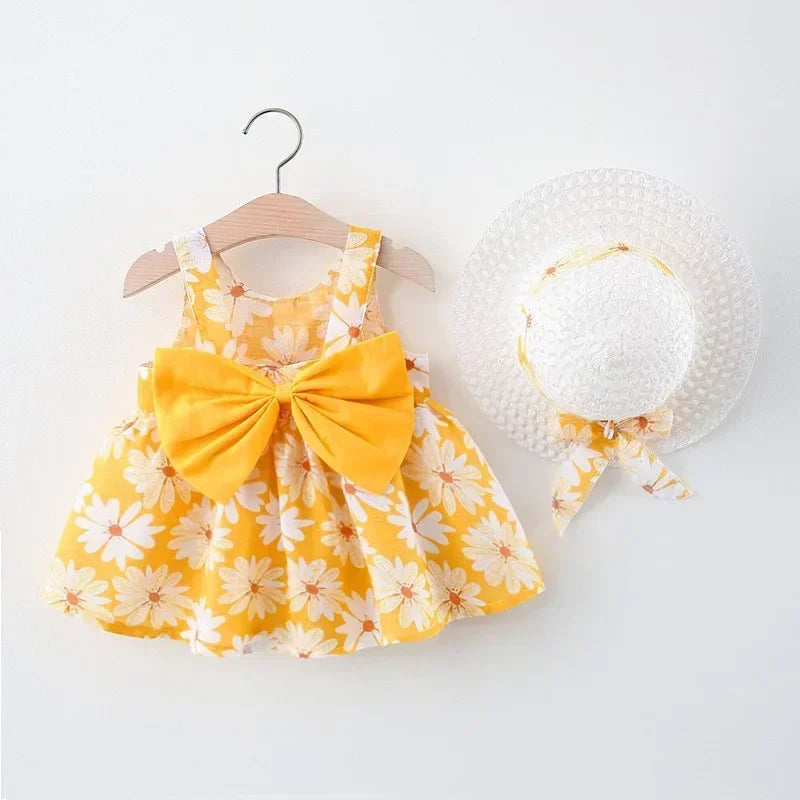 Girls' Floral Printed Little Fresh Daily Sweet Princess Dress with Bow