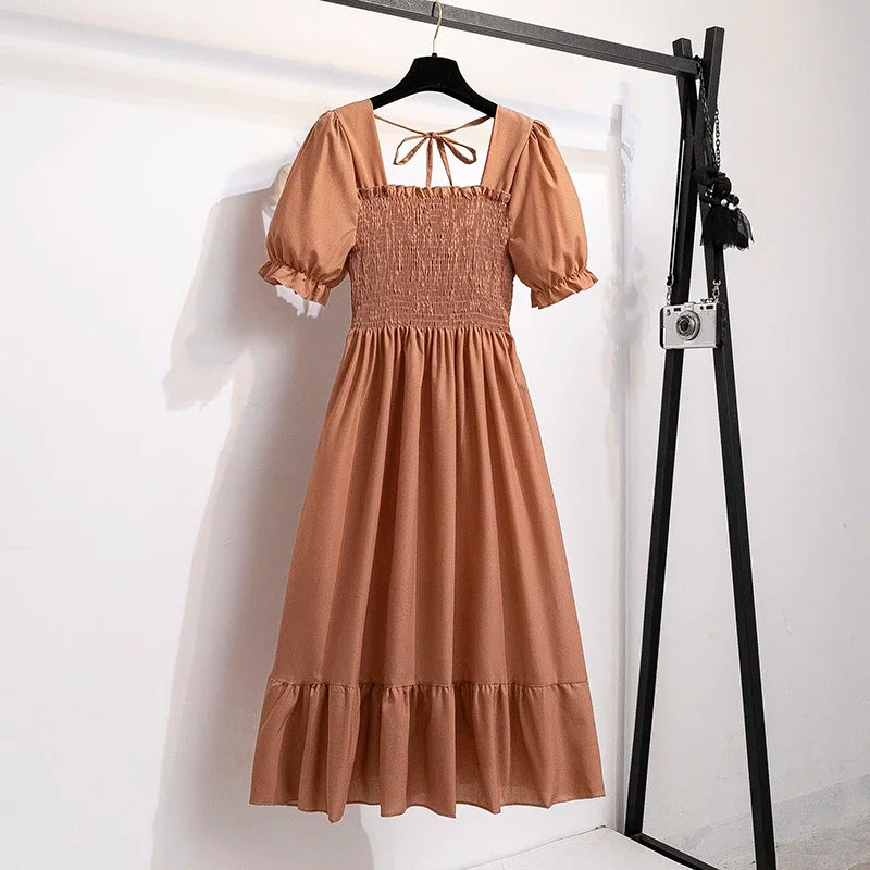 Chiffon Dress Fashion Women Elastic Waist Short Sleeve Pleated Casual Dress Women A-Line Dress Vestidos