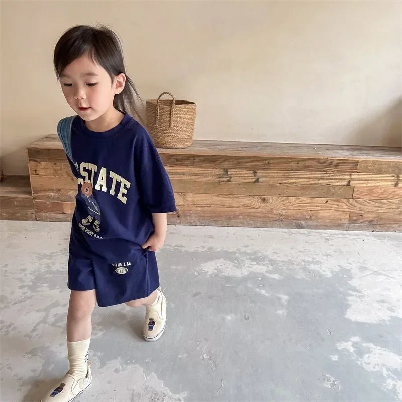 Girls Clothing Set Cartoon Bear T-Shirt and Shorts Suit Kid Casual Top Bottom Clothing Tracksuit