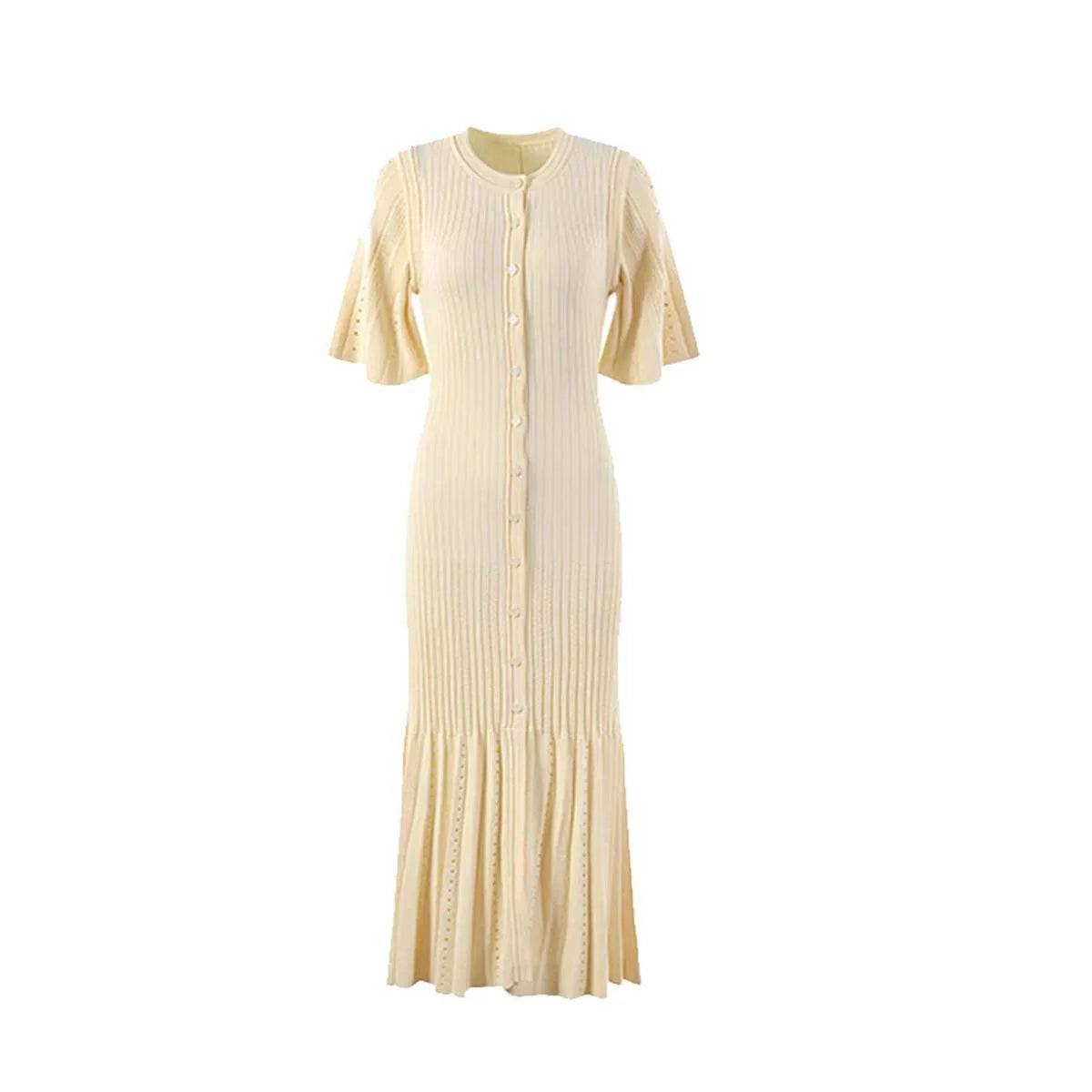 Openwork French Slimming A-line Short-Sleeve Knitted Dress, Fishtail Long Dress for Women