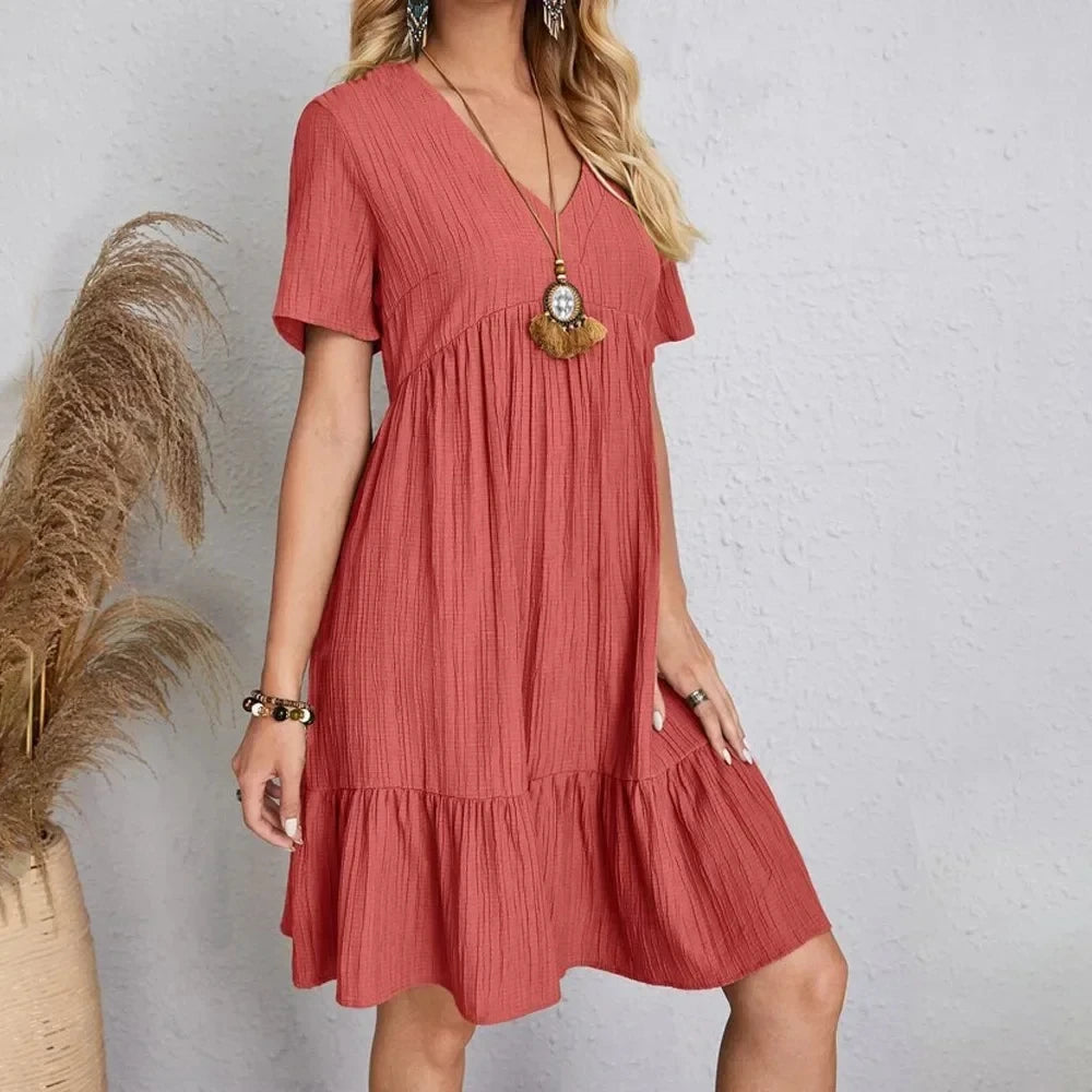 Women's Peplum Dress Spring V-Neck Short Sleeve Loose Waist Ruffle Fit Flare Vocation Dress